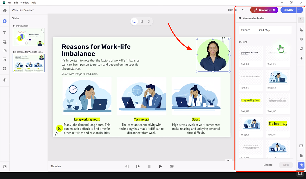 articulate alternatives - a screenshot of ai talking avatars with lip sync in adobe captivate