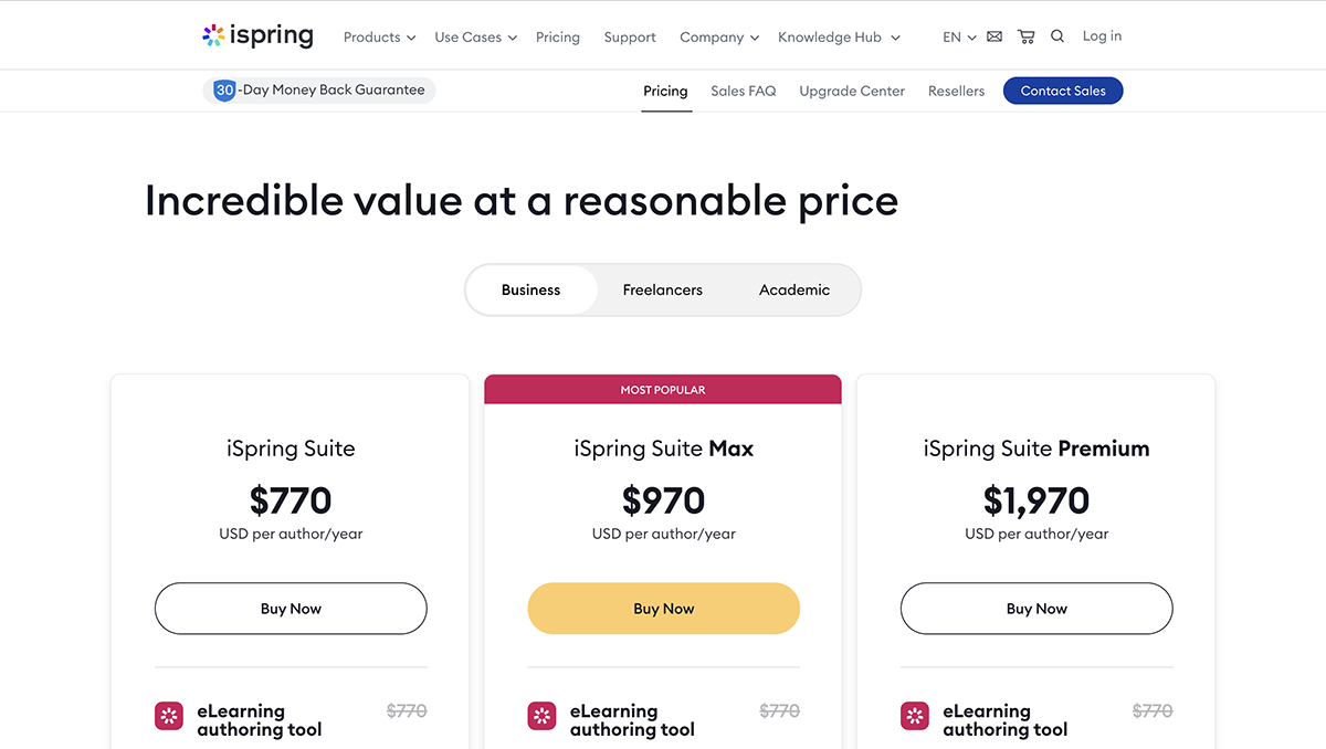 articulate alternatives - a screenshot of iSpring pricing page
