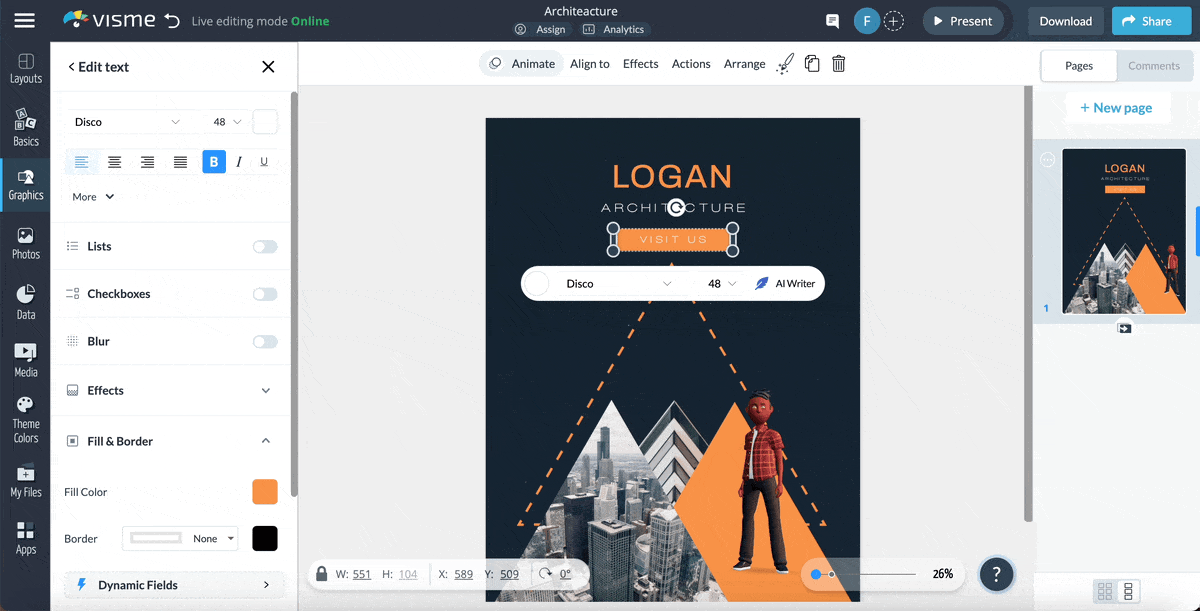 how to make a poster - a GIF of adding popups and hover effects in Visme's library