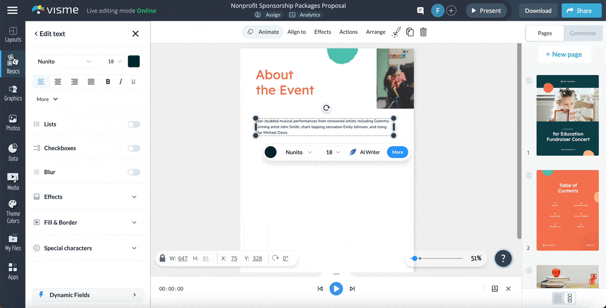 sponsorship packages - A GIF showing how Visme's AI writer works