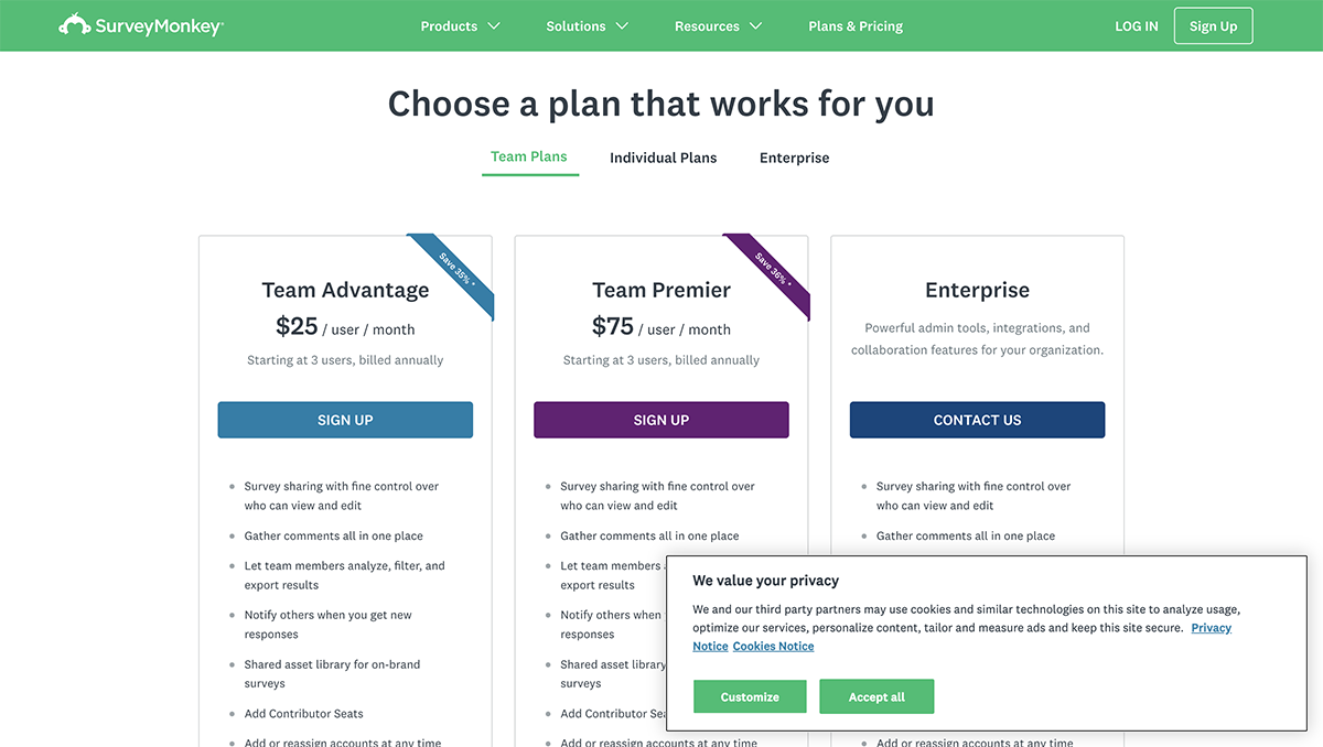 Qualtrics alternatives - SurveyMonkey pricing
