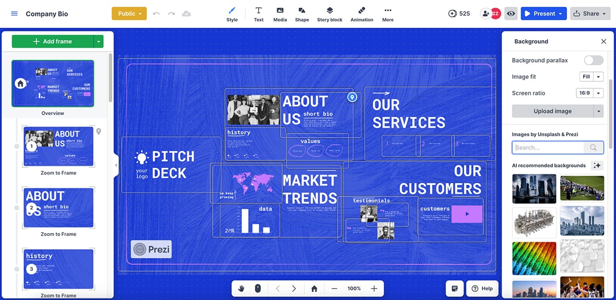 animated presentation software - Prezi interface
