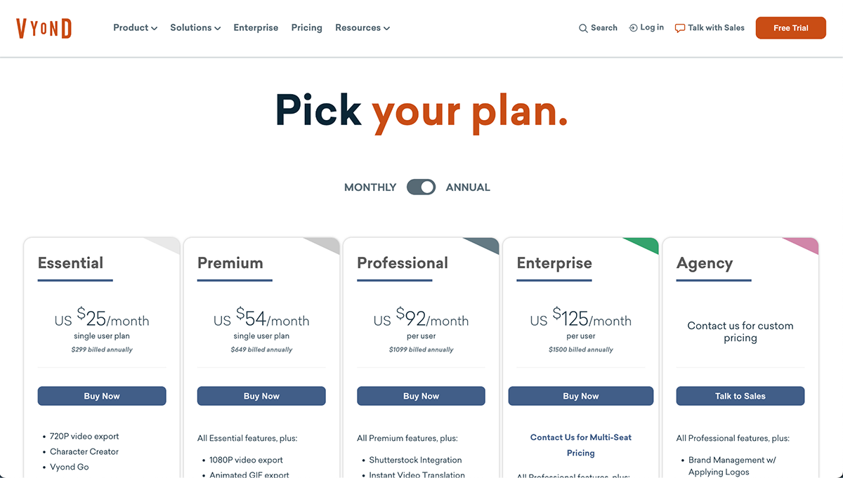 video presentation software - vyond pricing