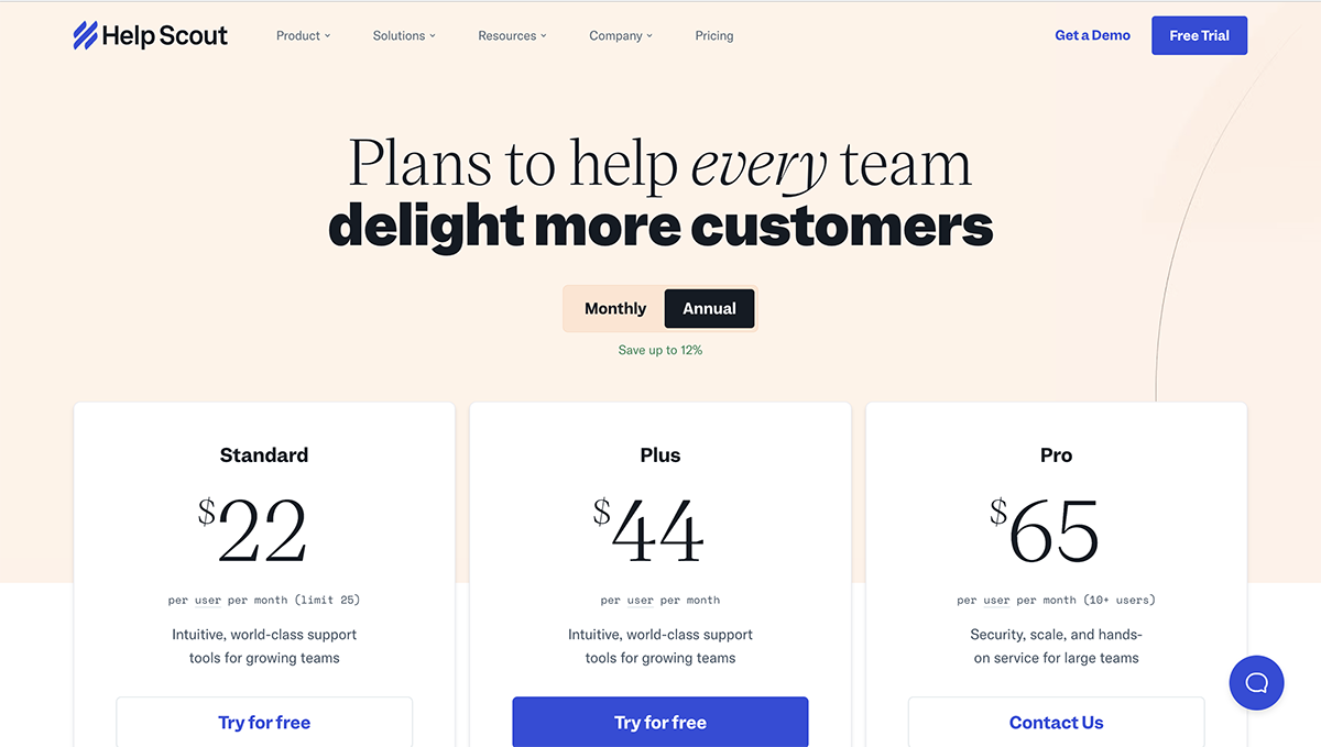 customer success software - Help Scout pricing page