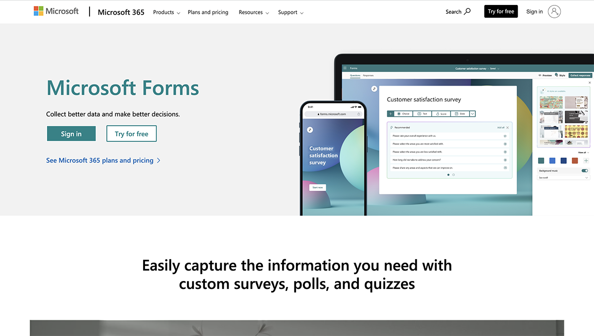Qualtrics alternatives- Microsoft Forms home page