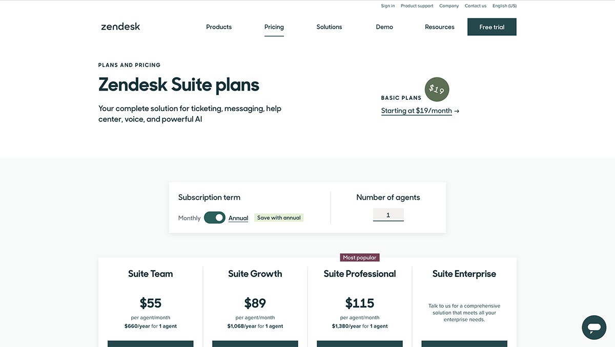 customer success software - Zendesk pricing page