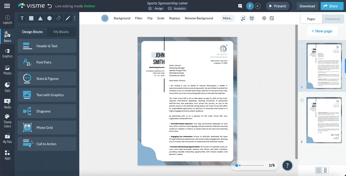 sponsorship letter - a GIF showing how to change text and color theme of a letter