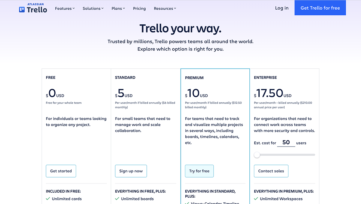 airtable alternatives - Trello pricing