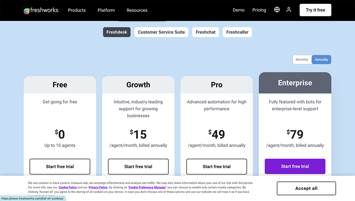 customer success software - Freshworks pricing page