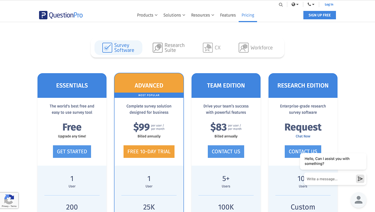 Qualtrics alternatives - Question Pro pricing