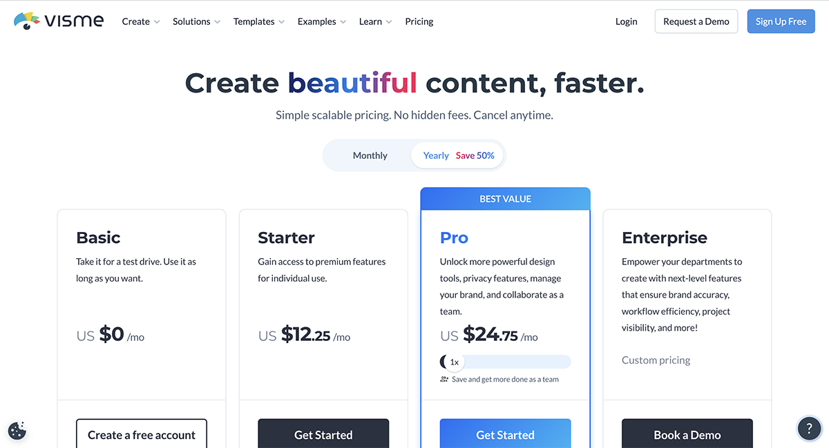tools to create infographics - A screenshot of Visme's pricing page.