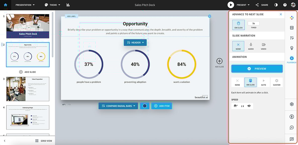 Powerpoint alternatives - screenshot of beautiful.ai interface