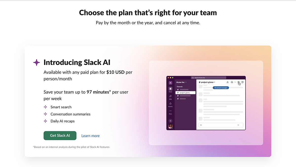 customer success software - Slack pricing page