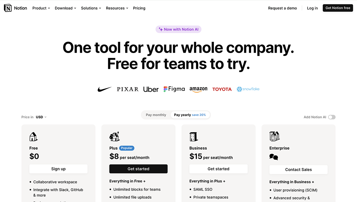 airtable alternatives - Notion pricing