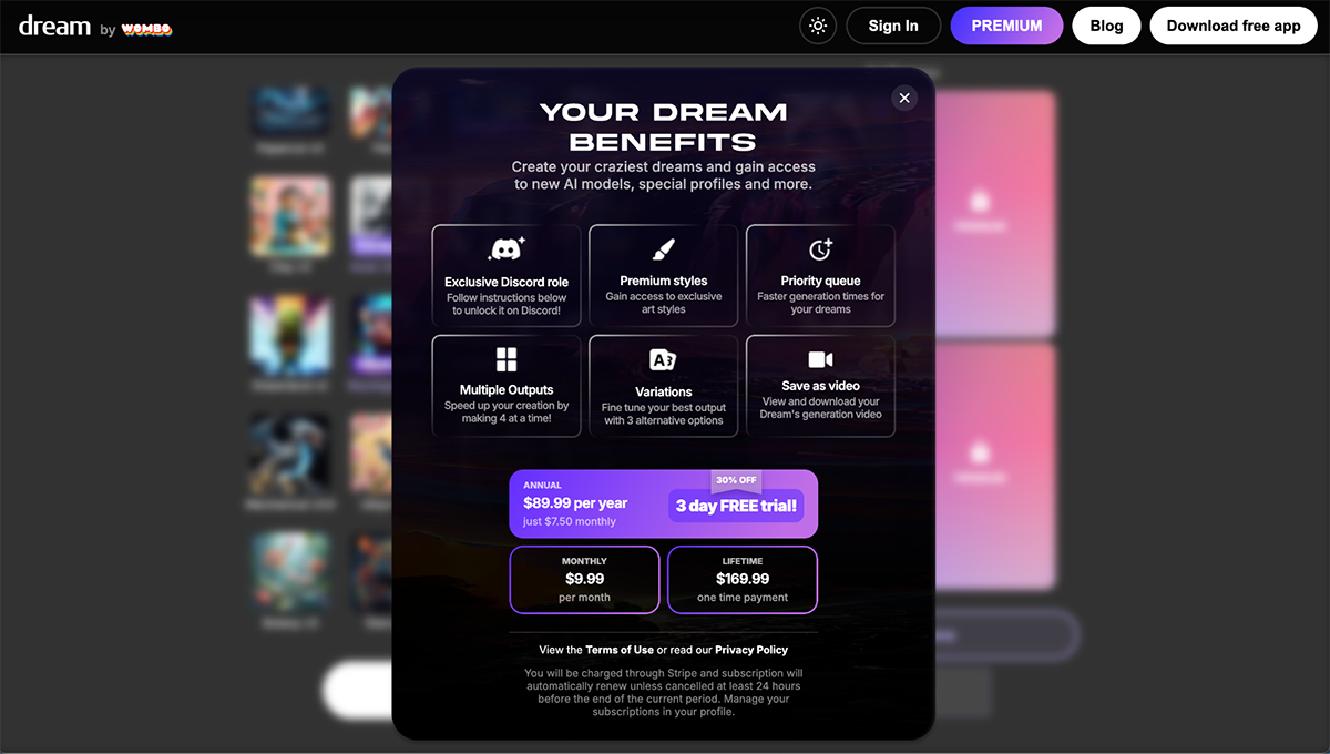Dream by Wombo pricing AI Image Generators 
