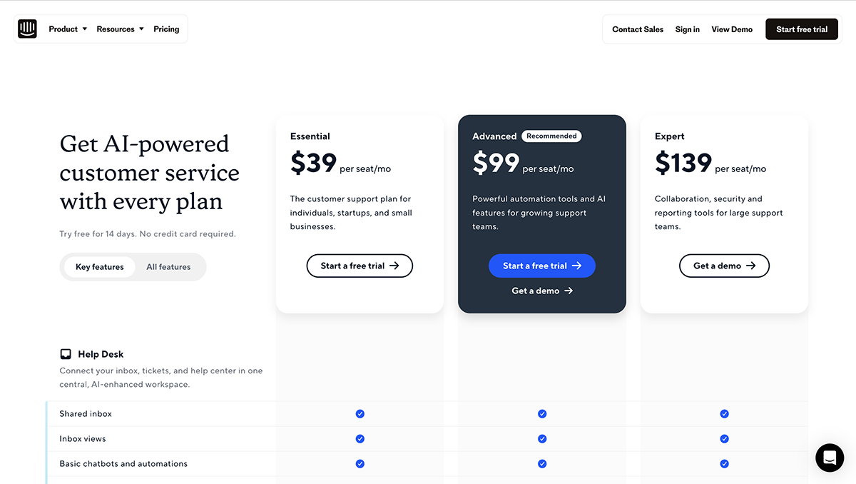 customer success software - Intercom pricing