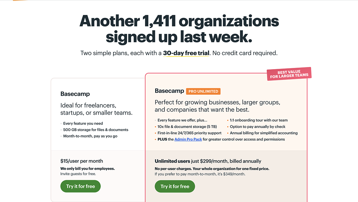 airtable alternatives - Basecamp pricing