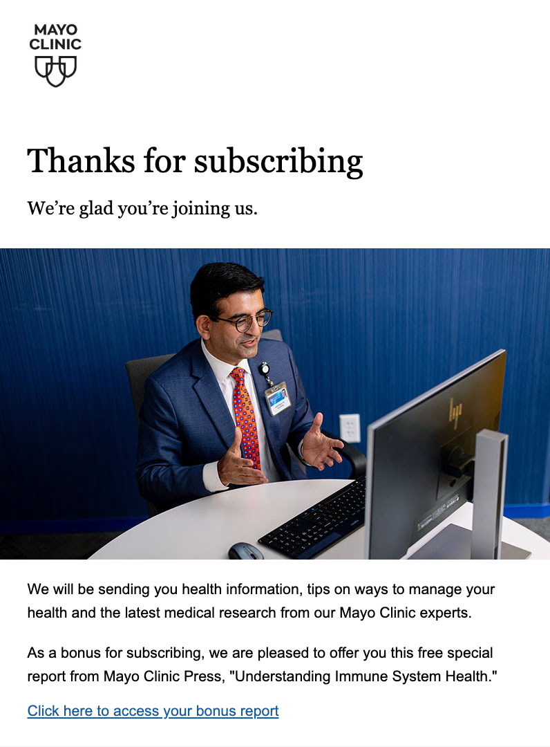 Healthcare Marketing strategies - Mayo clinic welcome email sequence 