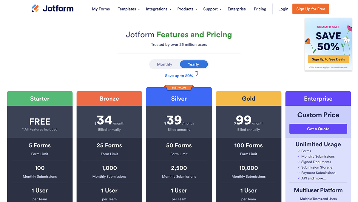 Qualtrics alternatives - Jotform pricing