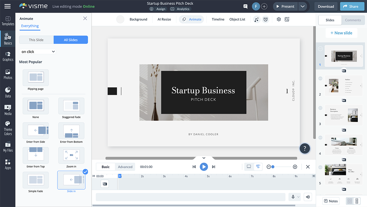 pitch deck templates - a screenshot of the slide transitions in Visme