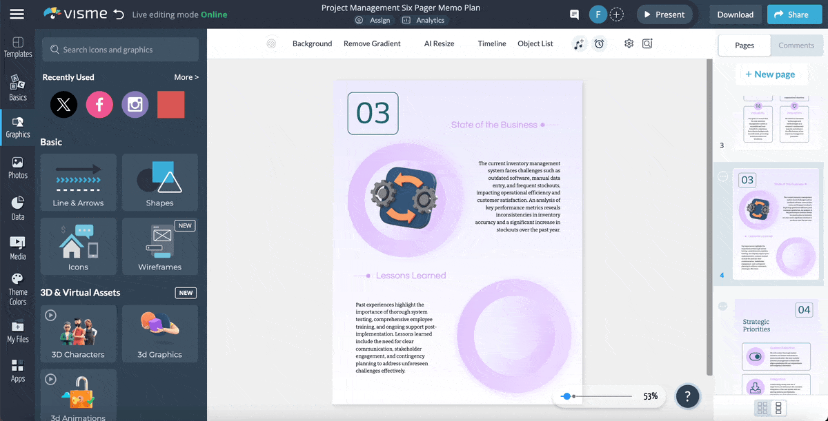 How to Create an Amazon 6-Pager with Visme - a a GIF of adding 3D graphics with animations and interactivity to your document