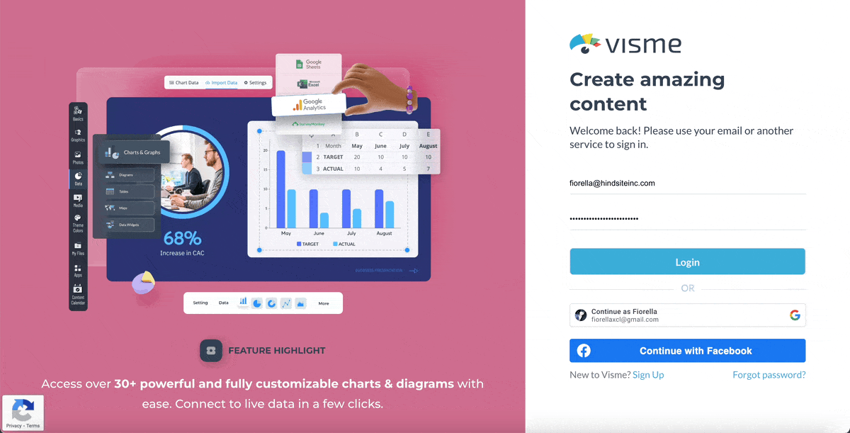 event planning templates - a GIF of how to create an account with Visme or sign in