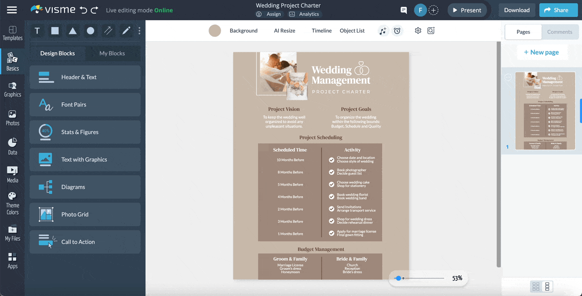 event planning templates - a GIF of how to change the color theme in Visme