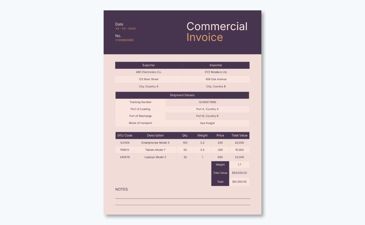 commercial invoice template - Electronics Commercial Invoice Template