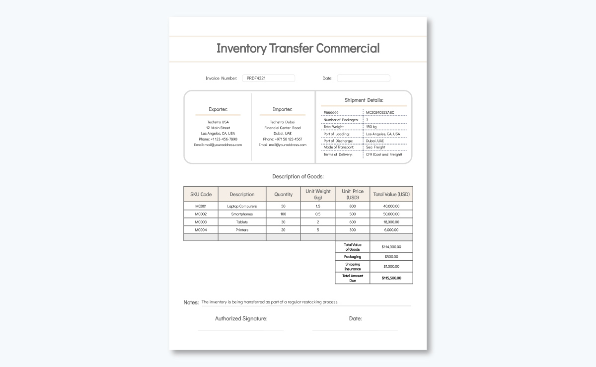 Commercial invoice template - Inventory Transfer Commercial Invoice Template