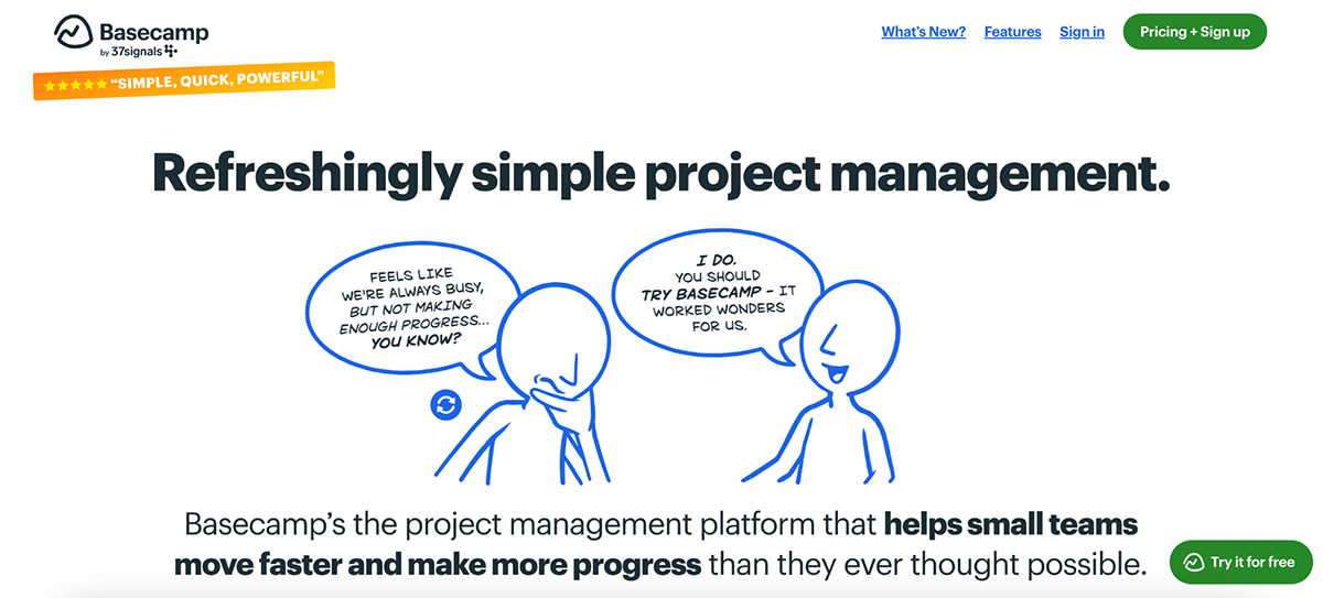 best product management tool - a screenshot of Basecamp's homepage