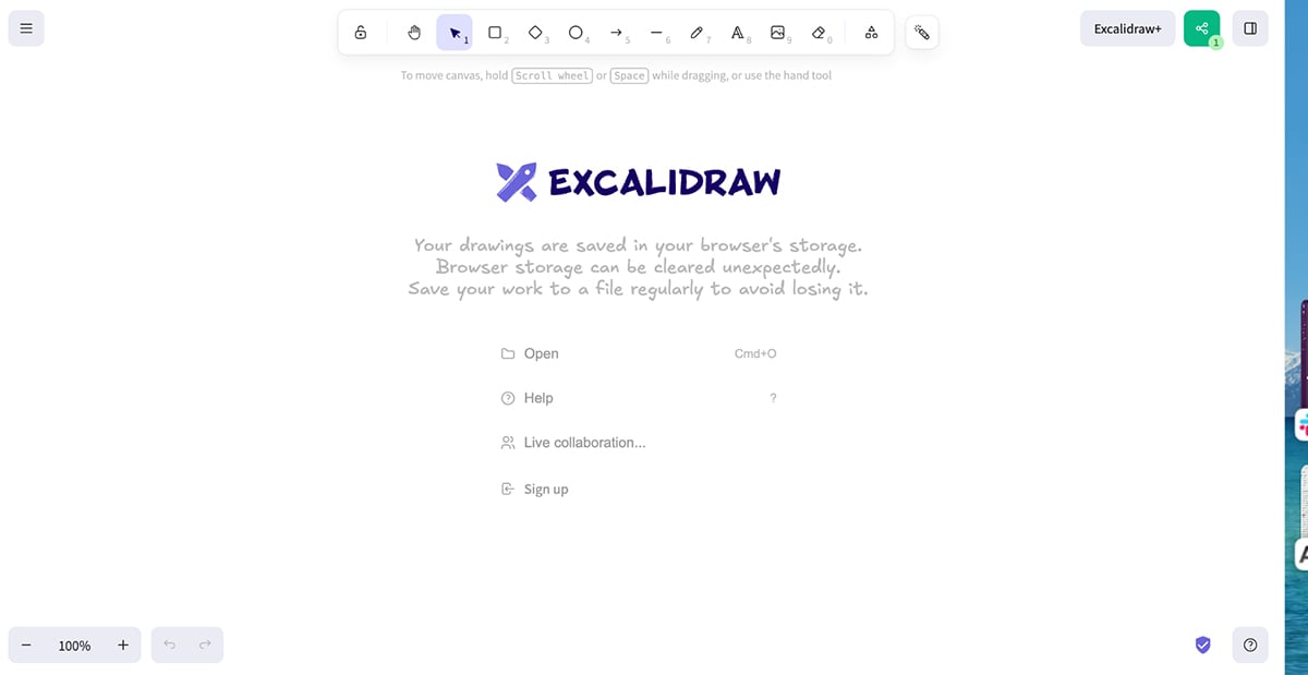 Miro Alternatives - a screenshot of Excalidraw whiteboard homepage