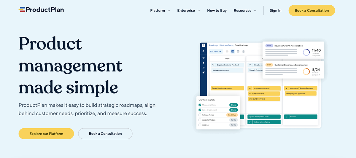 best product management tool - a screenshot of ProductPlan homepage