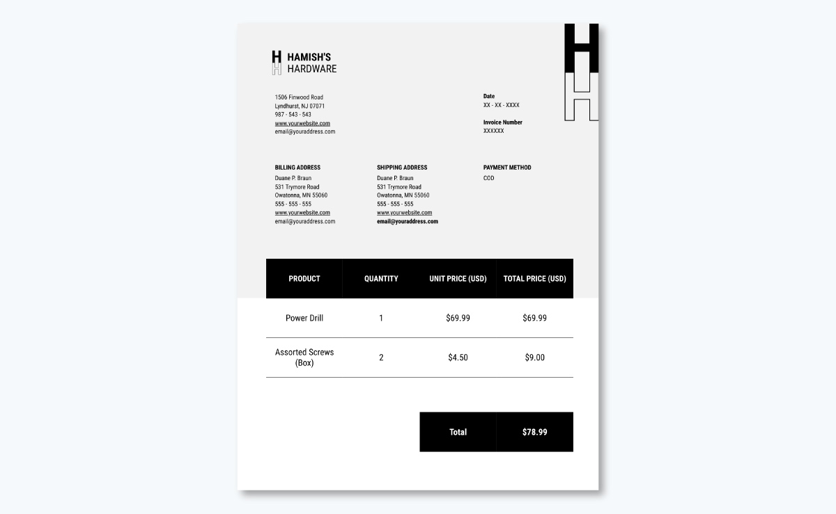 Commercial invoice template -Hardware Invoice Template