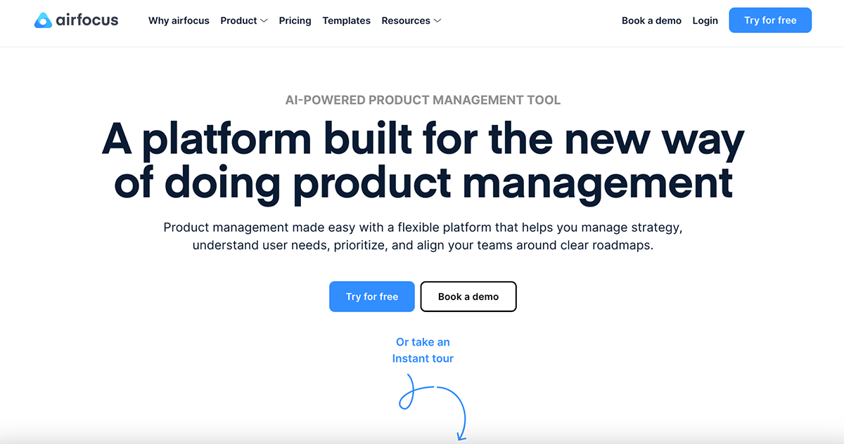 best product management tool - a screenshot of Airfocus's homepage