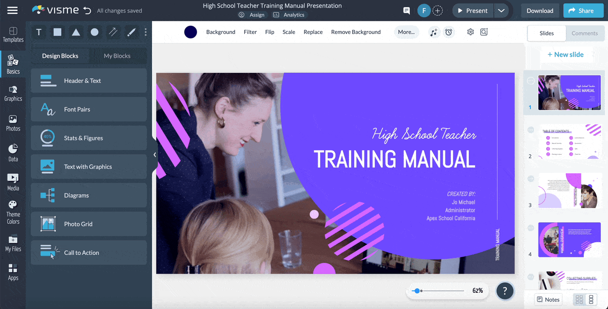 content authoring - a GIF of how the collaboration and workflow features in Visme works
