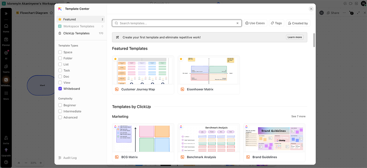 Miro Alternatives - a screenshot of clickup templates
