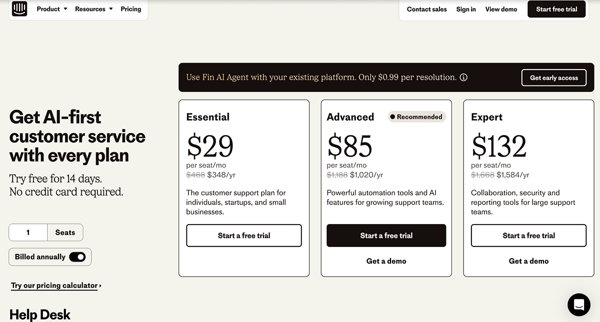 customer success tools - Intercom pricing