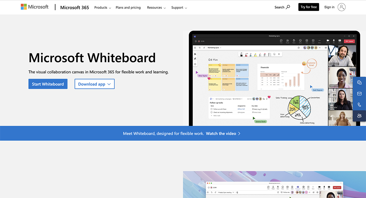 Miro Alternatives - a screenshot of Microsoft Whiteboard Homepage