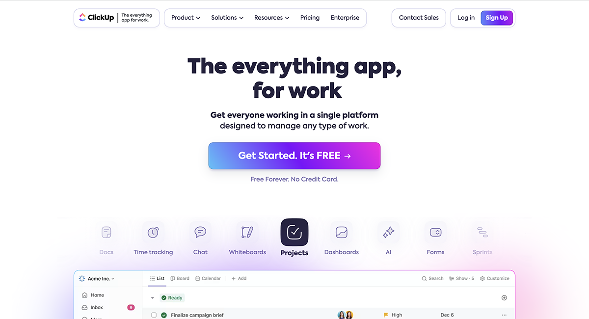 miro alternatives - an image of Clickup home page
