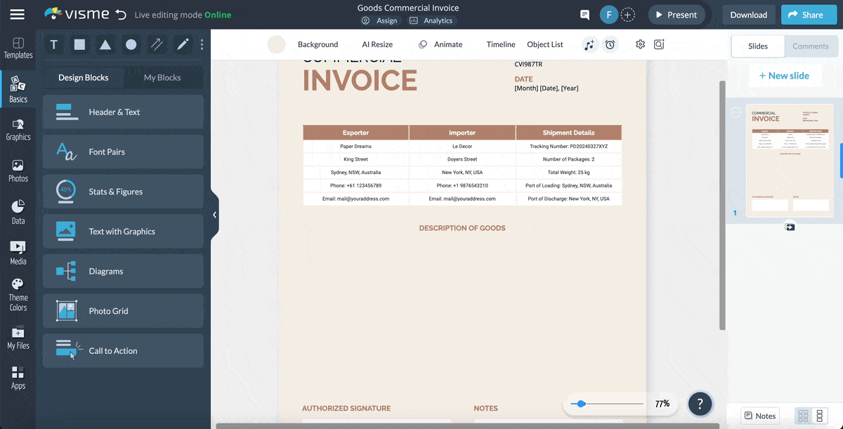 commercial invoice template - a video of how to connect your table to live data