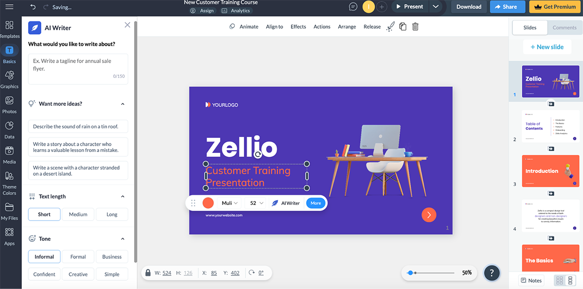 customer success tools - an image of Visme AI writer feature