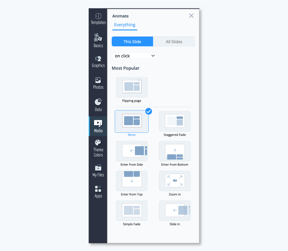 a collage of the transition features in Visme