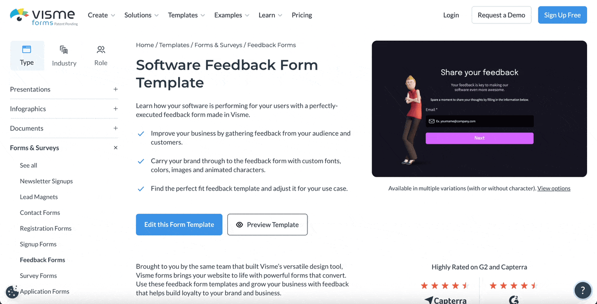 product management - Visme's feedback form.