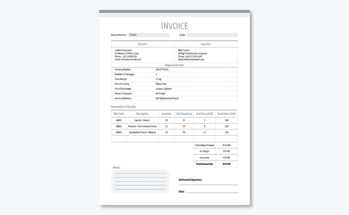 Commercial invoice template - Cosmetics Shipment Commercial Template