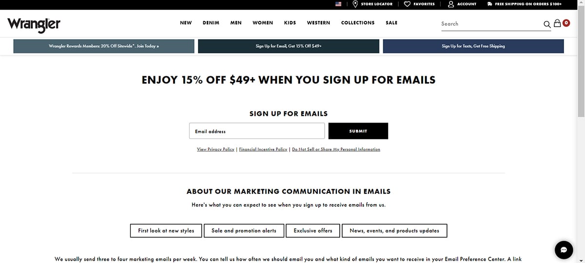 product marketing - Wrangler's sign up discount