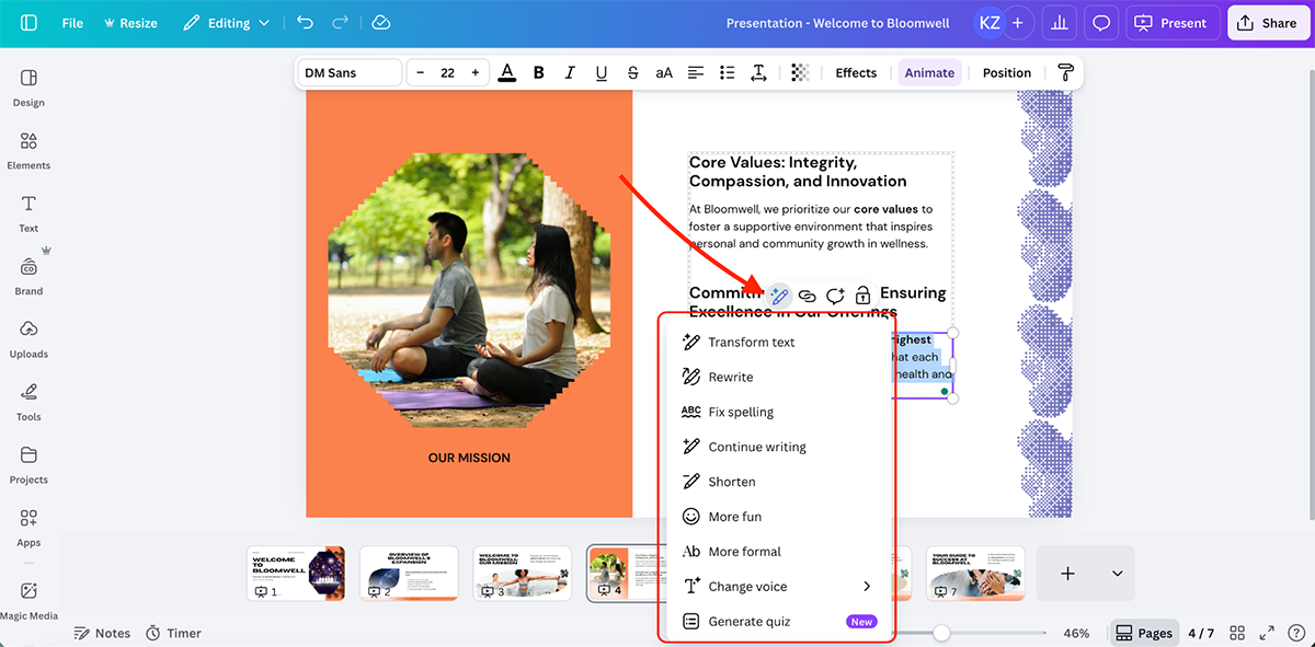 best presentation software - Canva's magic write feature