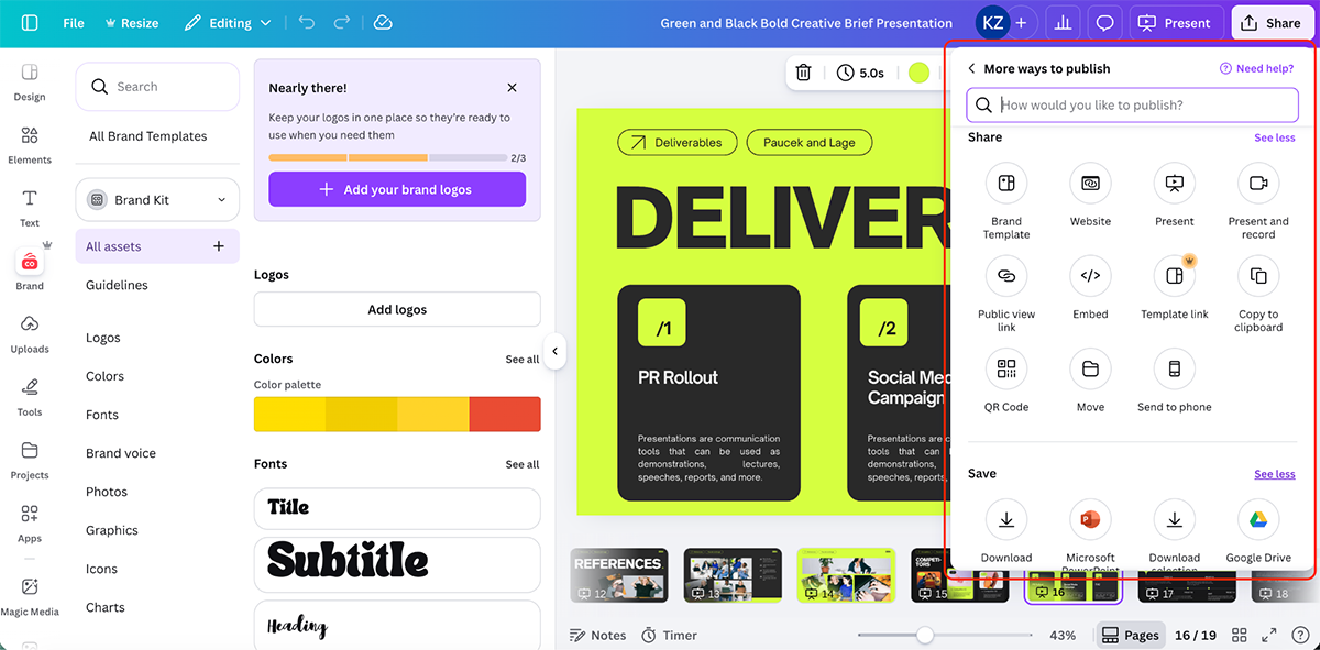 best presentation software - Canva's publish and export feature