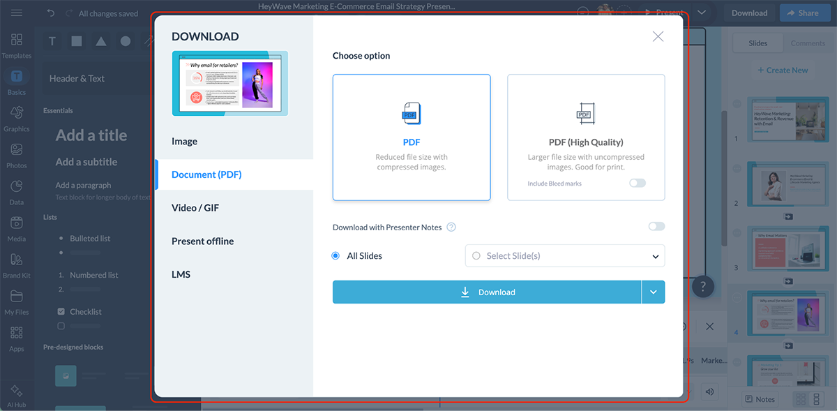 best presentation software - Publish and export options in Visme