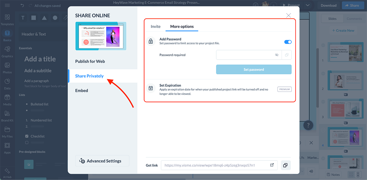 best presentation software - Publish and export options in Visme