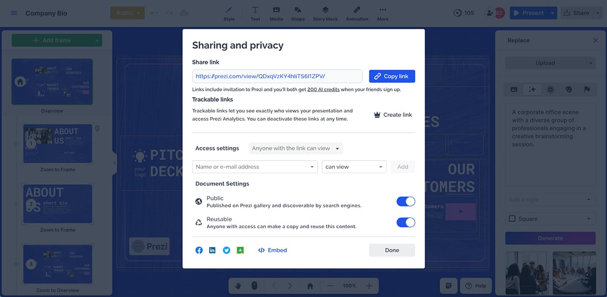 best presentation software - Prezi's publish and export options